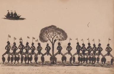 Kwatkwat - Schwarze Menschen aus Victoria - der Stamm von Melbourne hält ein Corroboree ab, nachdem er zum ersten Mal Schiffe gesehen hat - Skizzenbuch über Aktivitäten der Aborigines